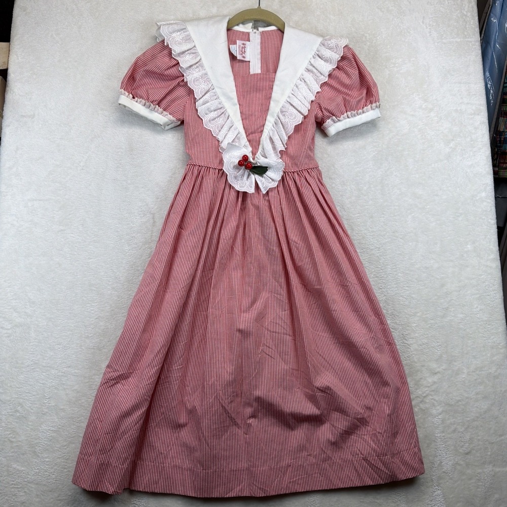 Vintage 80s Emileigh Designs Girls 8 Prairie Dress Ruffle Cherry Cottagecore